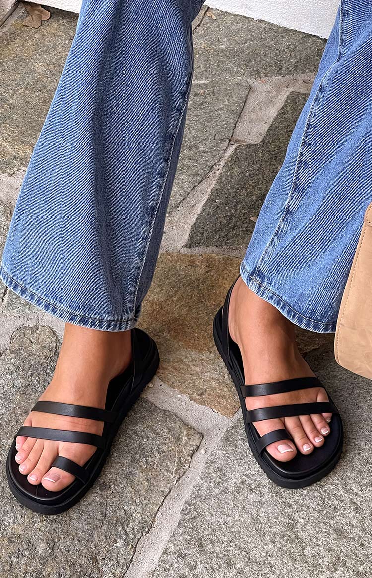 Beginning Boutique Billini Astrid Black Sandals black multi-strap toe-ring sandals with a chunky platform sole