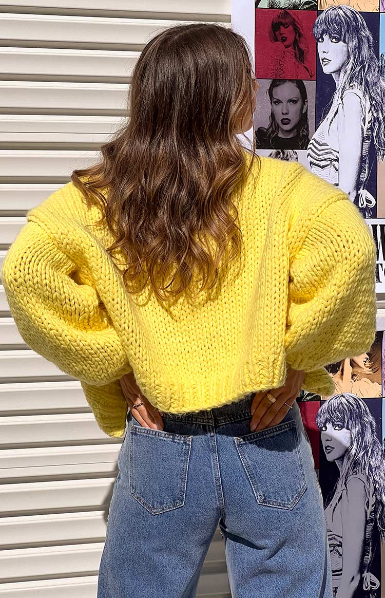 Beginning Boutique Bad Habits Yellow Knit Cardigan yellow chunky knit cropped cardigan with long balloon sleeves and ribbed cuffs