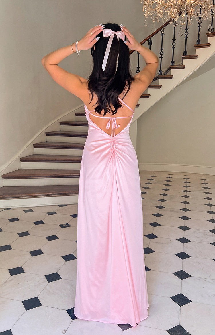 Shop Formal Dress - Blaise Pink Satin Maxi Dress fourth image