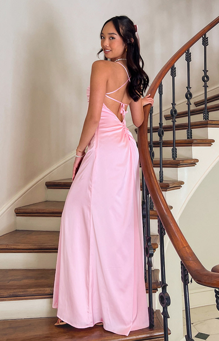 Shop Formal Dress - Blaise Pink Satin Maxi Dress fifth image