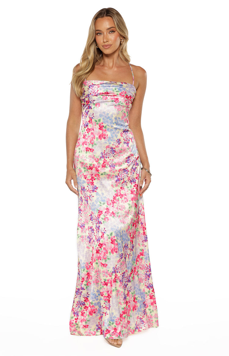 Beginning Boutique Blaise Multi Floral Satin Maxi Dress multi floral satin cowl neck maxi with spaghetti straps and ruched side