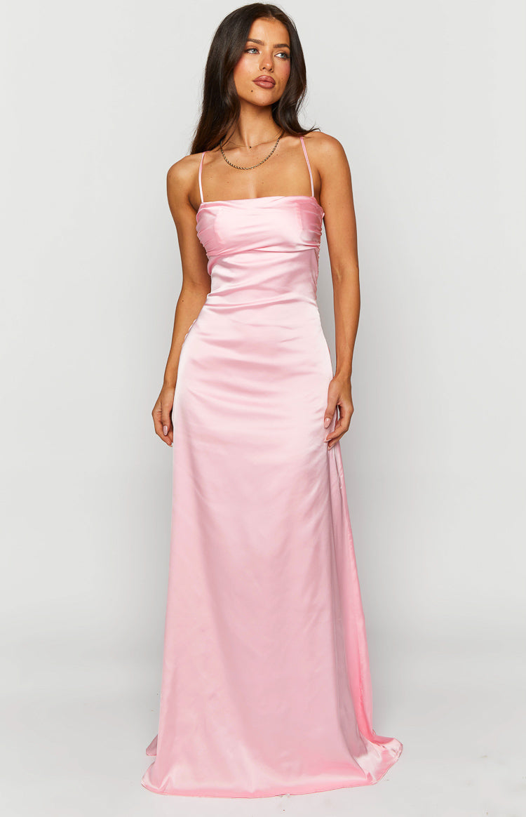 Shop Formal Dress - Blaise Pink Satin Maxi Dress sixth image