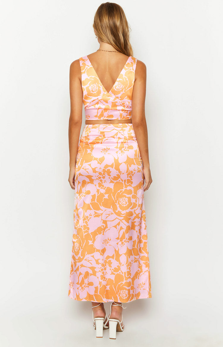 Dahlia Orange And Pink Floral Print Maxi Skirt Image