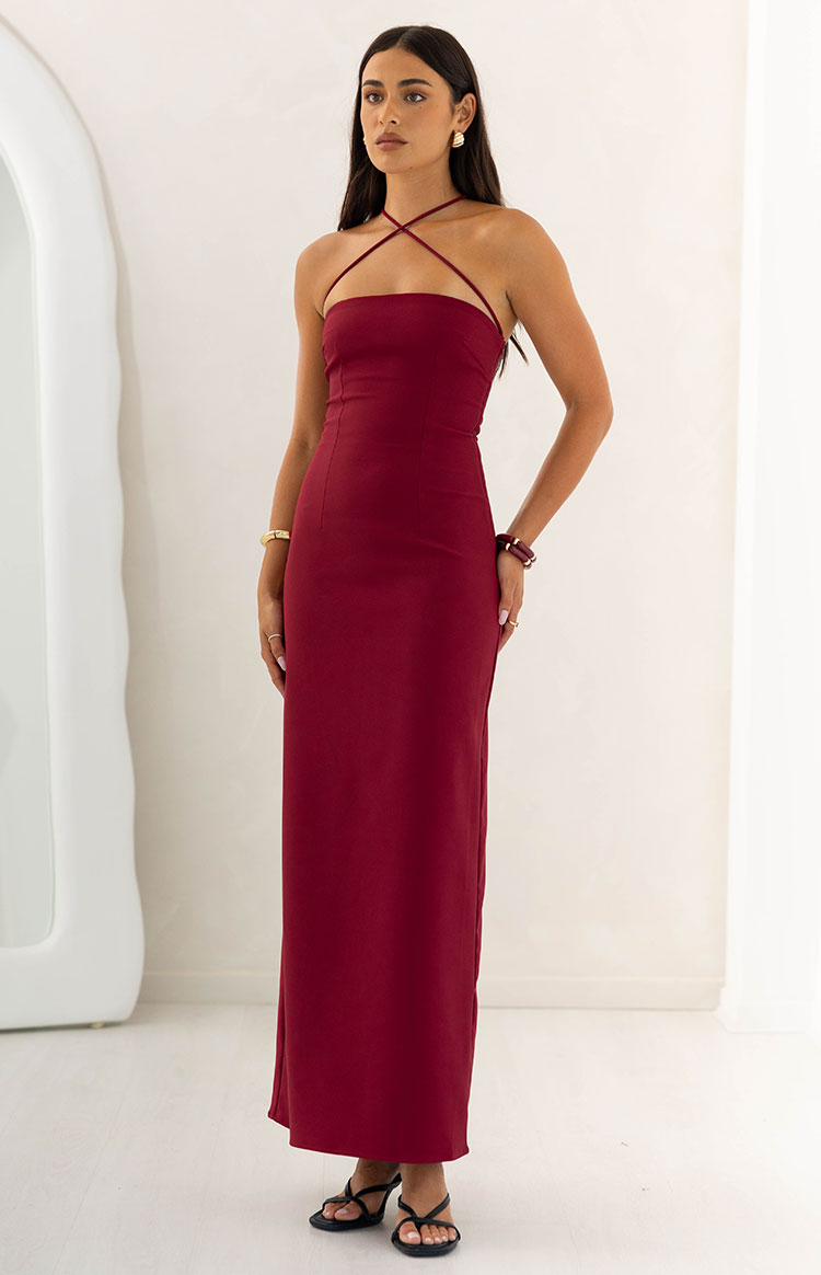 Del Mar Burgundy Crepe Formal Maxi Dress Del Mar Burgundy Crepe Formal Maxi Dress