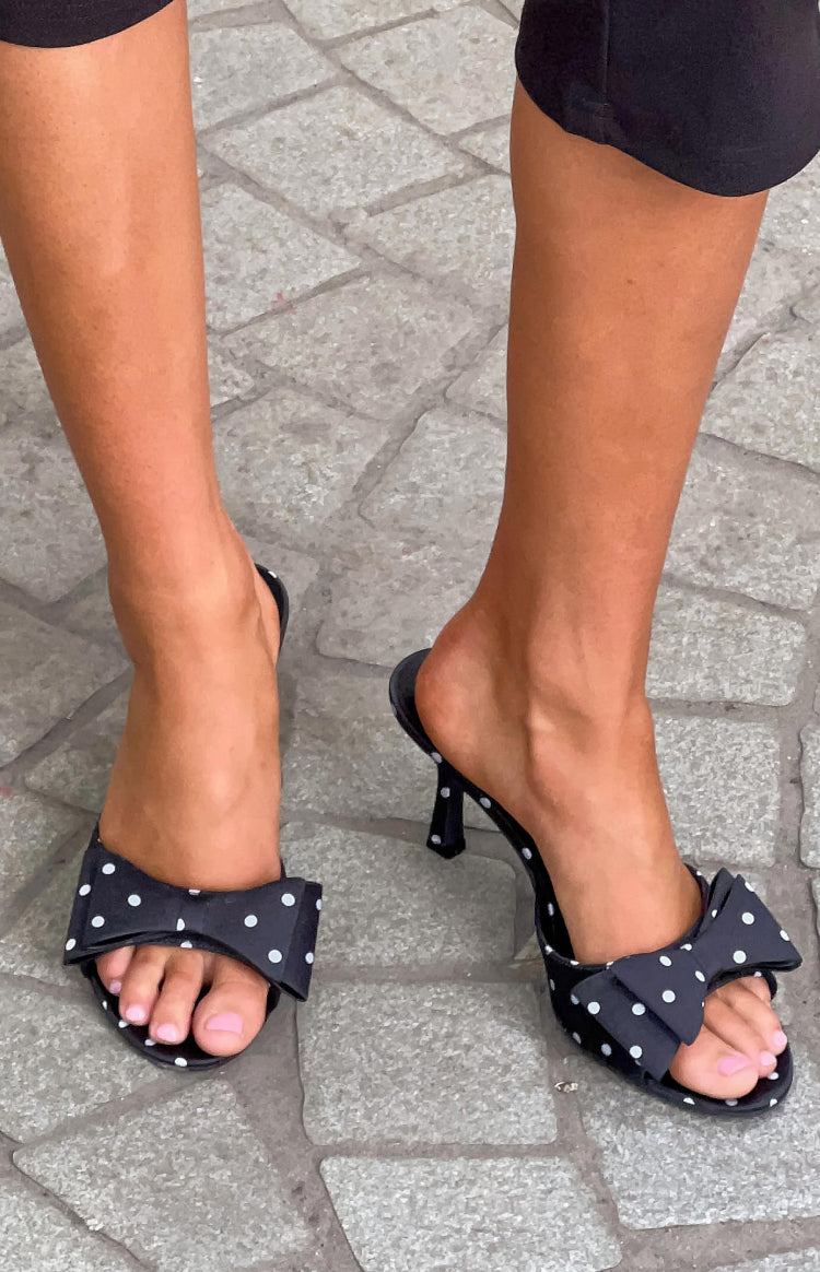 Beginning Boutique Eden Black Polka Dot Bow Front Heeled Mules black polka dot open toe mules with a front bow and kitten hee