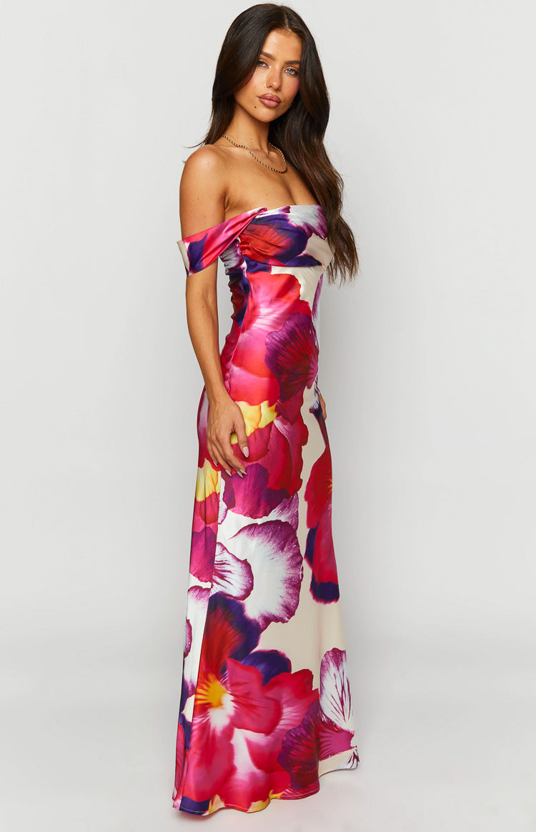 Ella Pink Floral Print Off Shoulder Formal Dress - View 2 | Shop Formal Dress