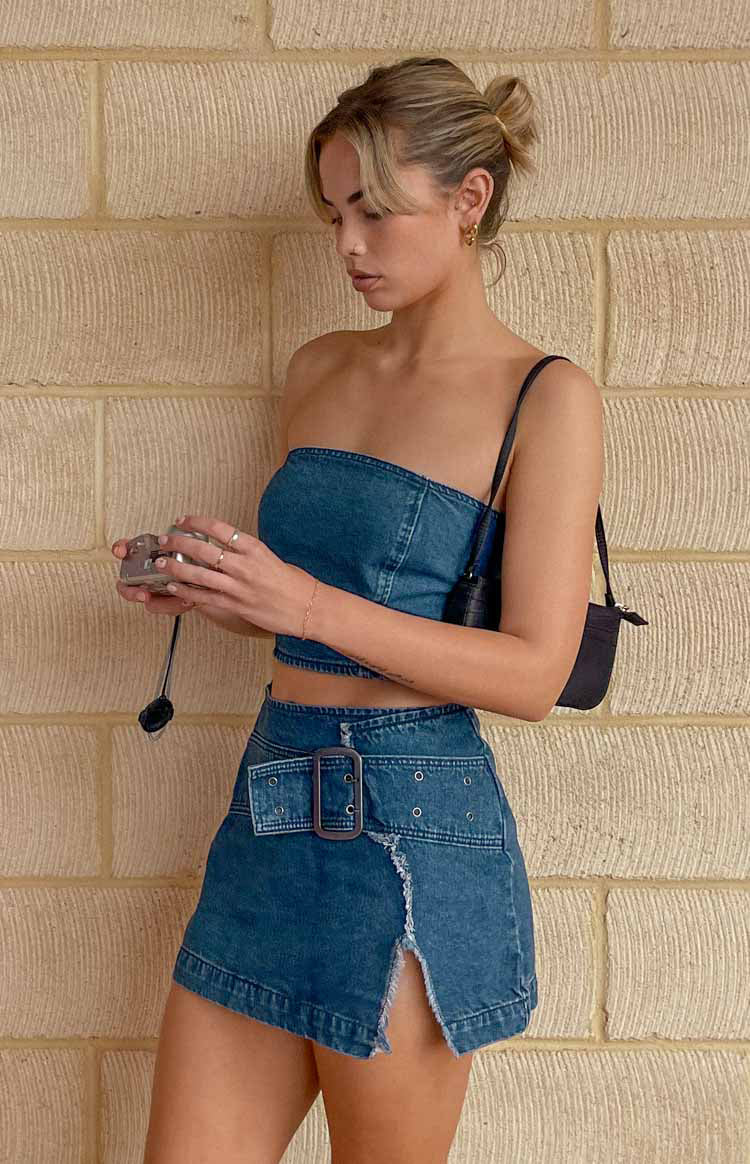 Denim Skirt With Belt Elouise Buckle Denim Mini Skirt