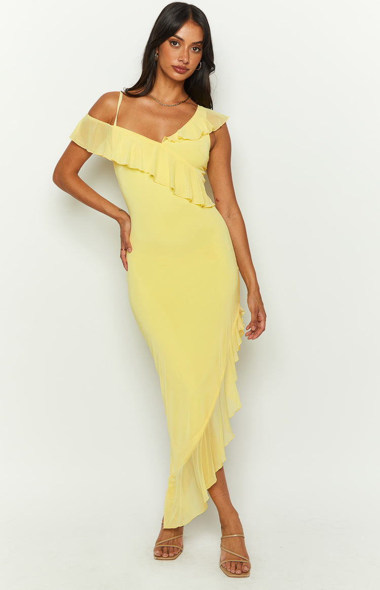 Everleene Yellow Ruffle Mesh Midi Dress - View 5 | Shop Formal Dress