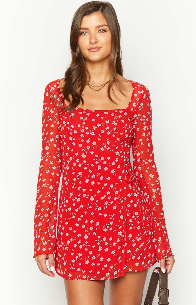 Goldie Red Floral Long Sleeve Mini Dress Goldie Red Floral Long Sleeve Mini Dress