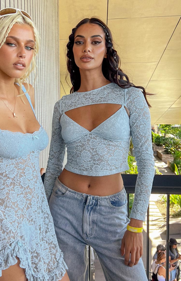 Beginning Boutique Here With Me Blue Lace Cami and Shrug Set V-neck cami and long-sleeve cropped shrug with bust cutout