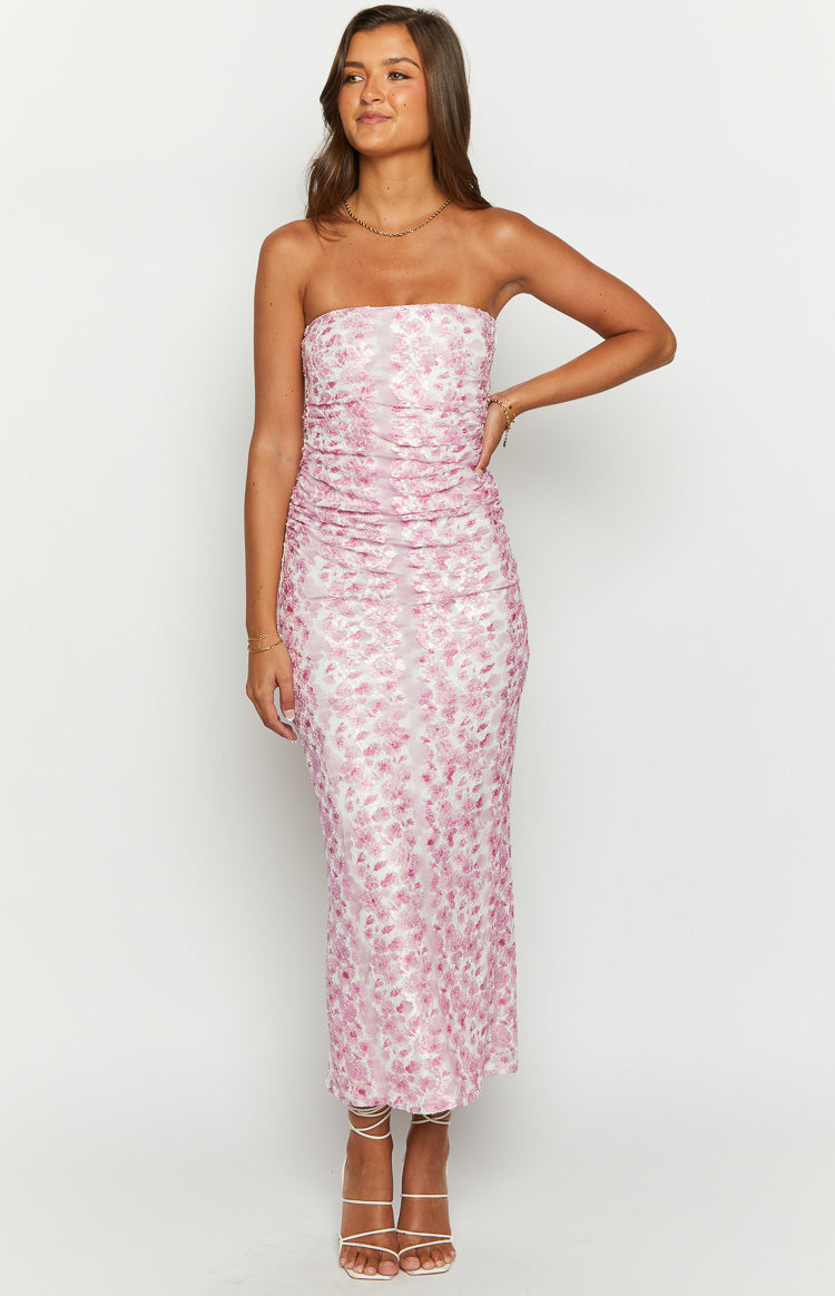 Imogen Pink Floral Print Strapless Maxi Dress Image