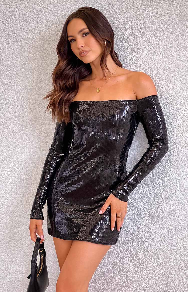 Jazmin Black Sequin Long Sleeve Mini Dress | Beginning Boutique AU Jazmin Black Sequin Long Sleeve Mini Dress | Beginning Boutique AU