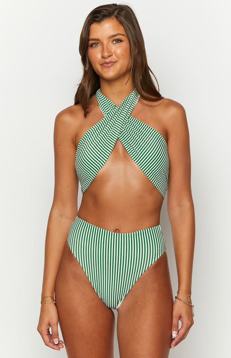 9.0 Swim Miss America Green Striped Halter Bikini Top Image