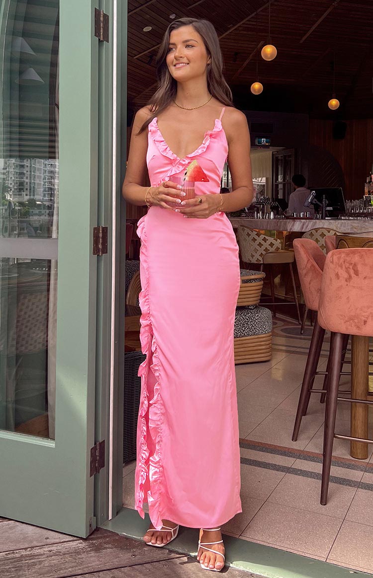 Nahanee Pink Satin Ruffle Maxi Dress Image