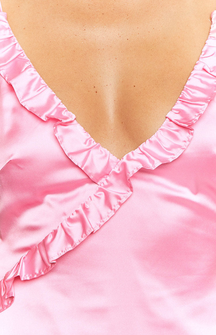 Nahanee Pink Satin Ruffle Maxi Dress Image