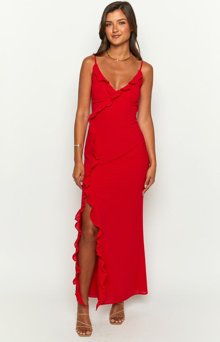 Shop Formal Dress - Nahanee Red Ruffle Maxi Dress sixth image