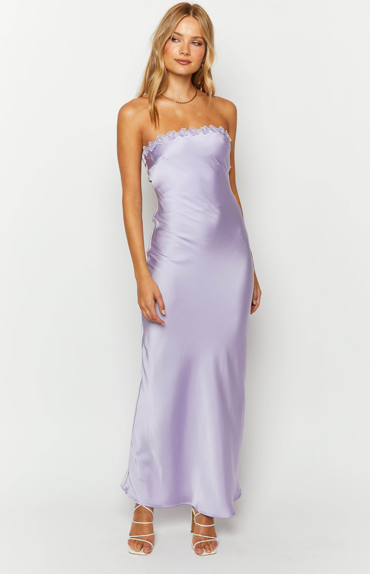 Rhea Purple Satin Strapless Maxi Dress Image