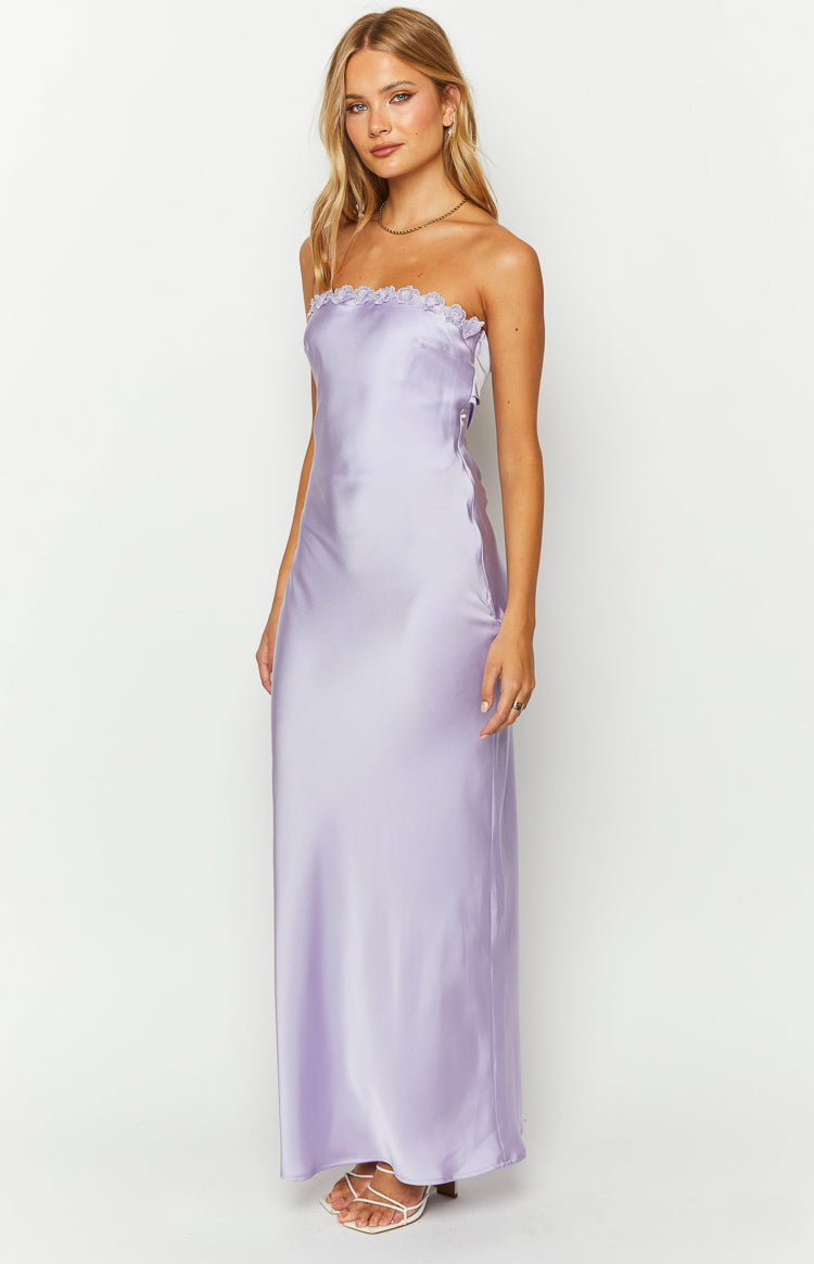 Rhea Purple Satin Strapless Maxi Dress Image