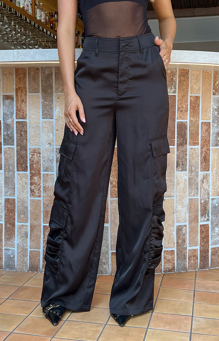 Satin Sapphire Black Cargo Pants | Beginning Boutique AU