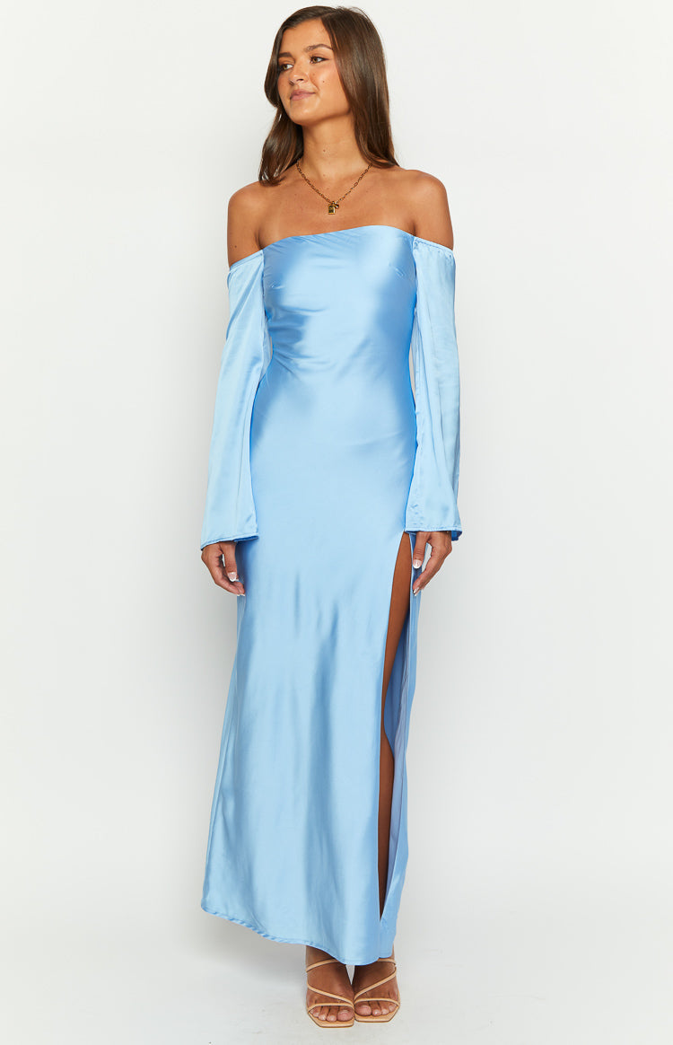 Shae Blue Satin Long Sleeve Maxi Dress - View 6 | Shop Formal Dress