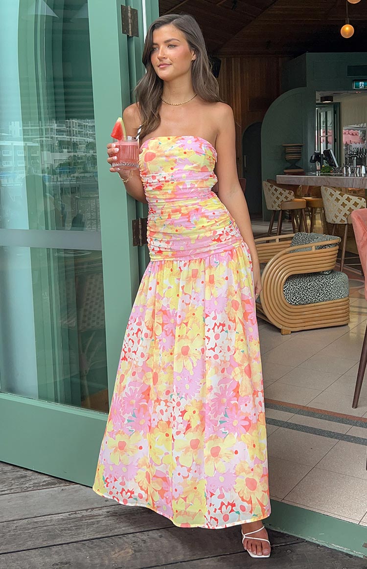 Sinclair Yellow Floral Print Strapless Maxi Dress | Beginning Boutique AU Sinclair Yellow Floral Print Strapless Maxi Dress | Beginning Boutique AU