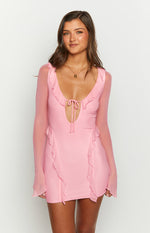 Surround Sound Pink Mesh Long Sleeve Mini Dress Image