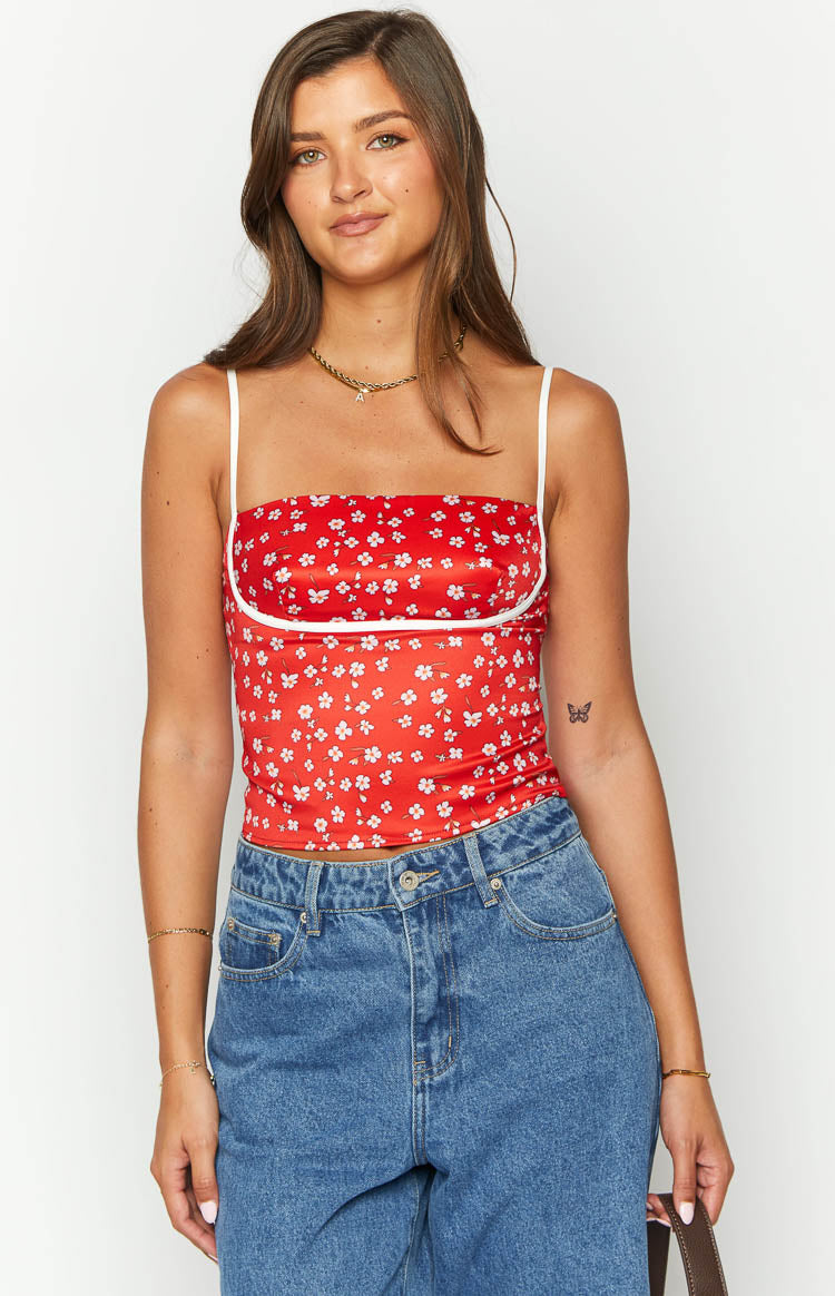 Tamra Red Floral Low Back Top Image
