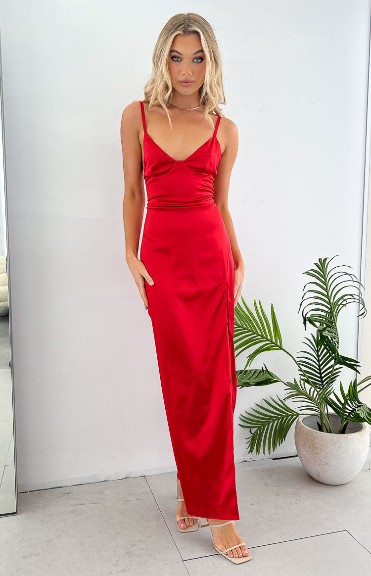 Satin Red Formal Long Dresses Freesia Red Formal Maxi Dress
