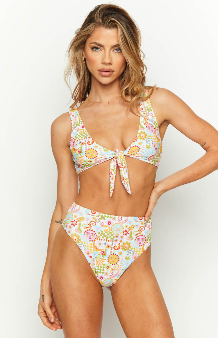 Beginning Boutique 9.0 Swim Majorca Summer Multi Print High Waisted Bikini Bottoms multi-colour psychedelic print high waisted bikini bottoms with high-cut leg