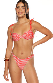 Front view of red and white stripe high-cut bikini bottoms with a V-front