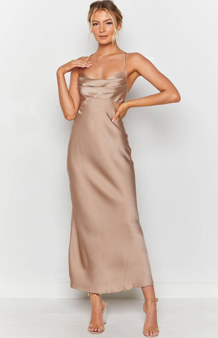 Mocha satin maxi dress with a cowl neckline, side waist cutouts, and thin spaghetti straps