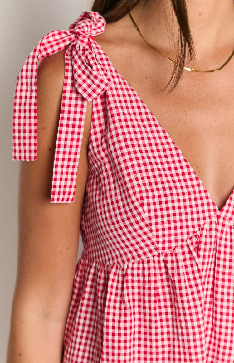 Close-up of the red gingham dress showing the tied shoulder straps and shirred bodice