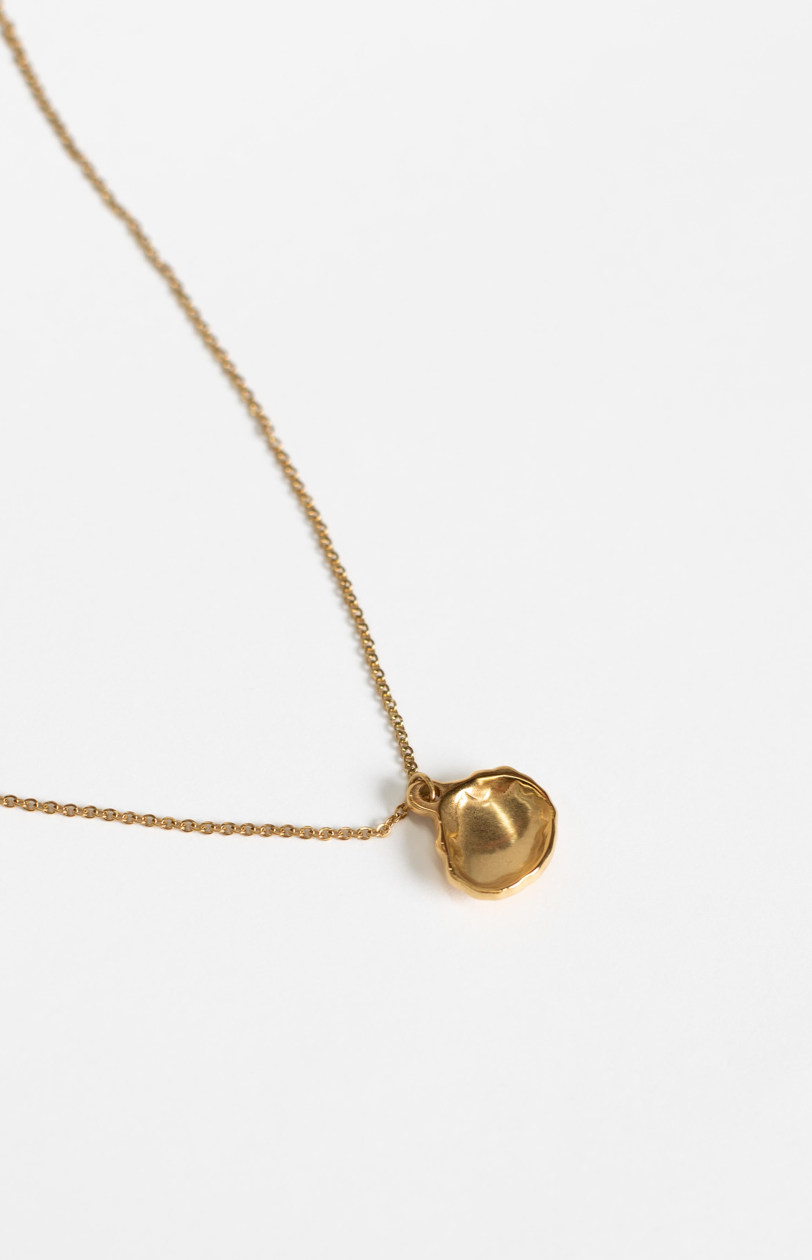 Close-up of the gold shell pendant with its organic, irregular shape and the delicate link chain