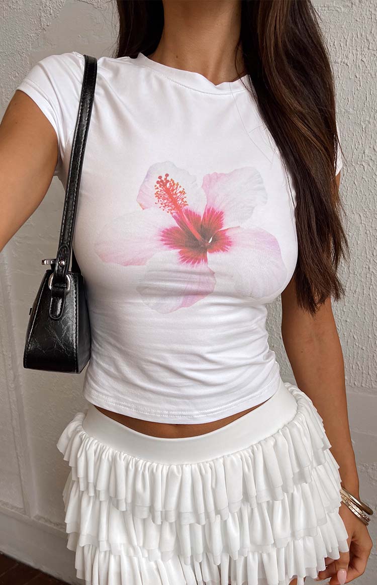 Beginning Boutique Astrea White Hibiscus Baby Tee white fitted crew neck short sleeve baby tee with a pink hibiscus print
