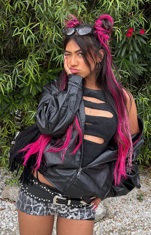 Beginning Boutique Abbi PU Black Bomber Jacket black PU oversized bomber jacket with zip front and fringe detail