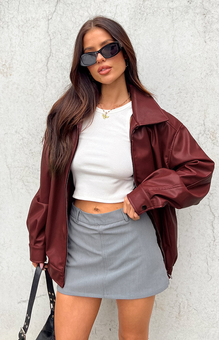 Red Faux Leather Jacket on Crystal Bellotti