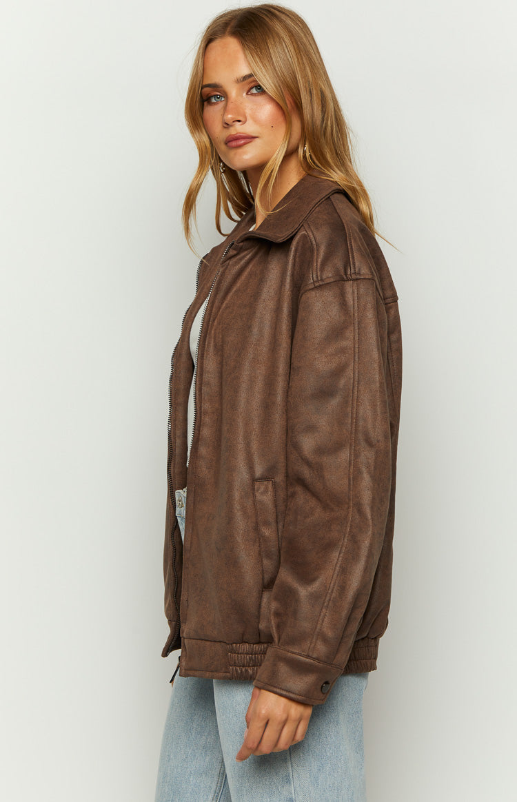 Abbi Brown Faux Suede Bomber Jacket Image