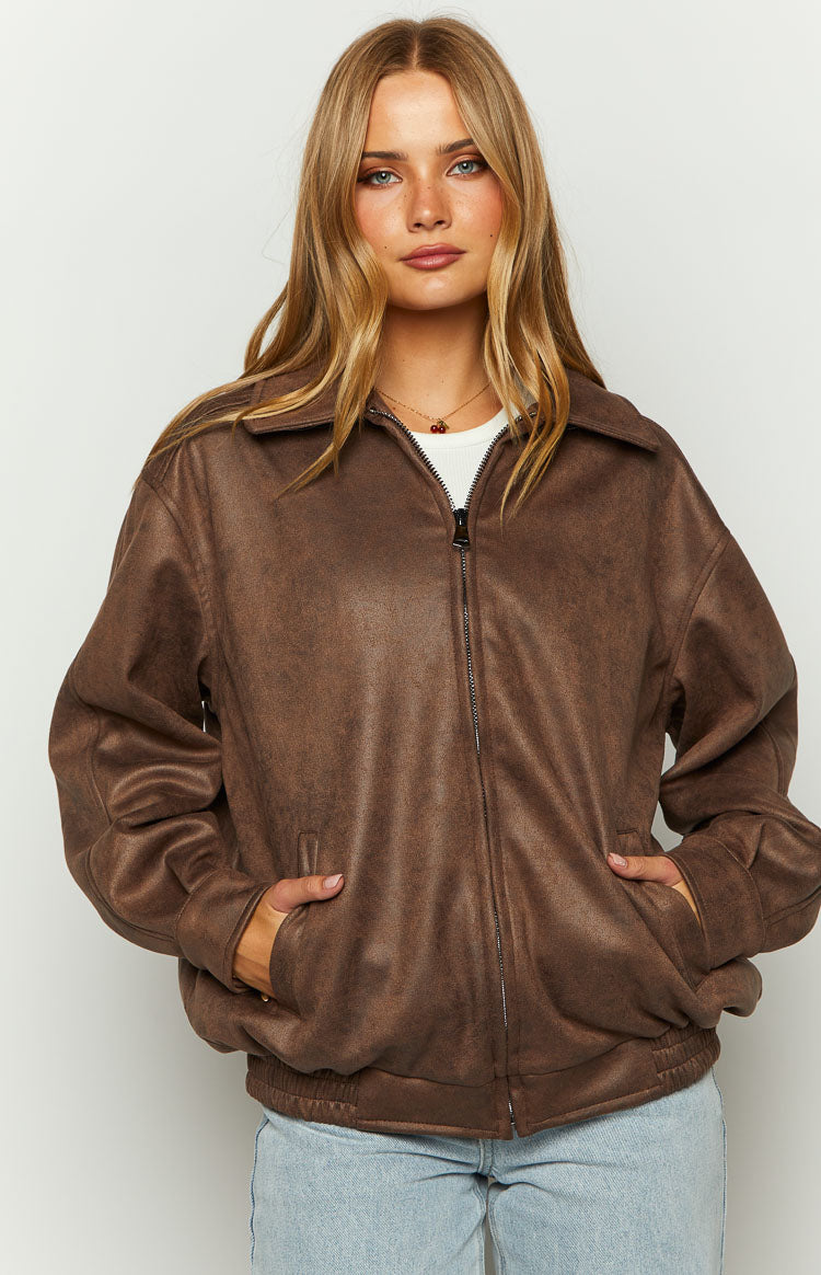 Abbi Brown Faux Suede Bomber Jacket Image