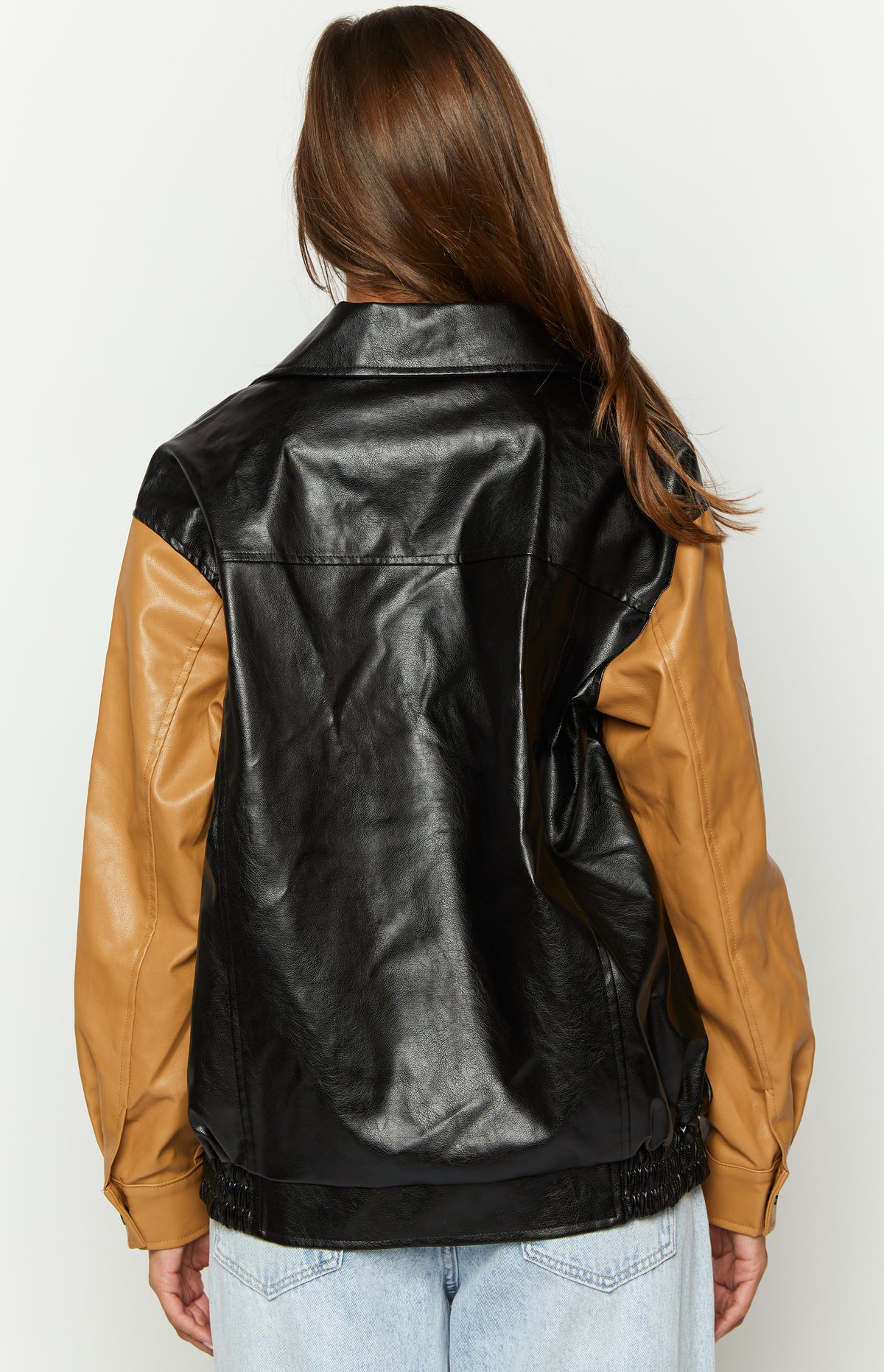 Abbi PU Black And Brown Contrast Bomber Jacket Image