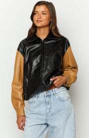 Black and tan PU bomber jacket featuring a pointed collar and full-length front zipper