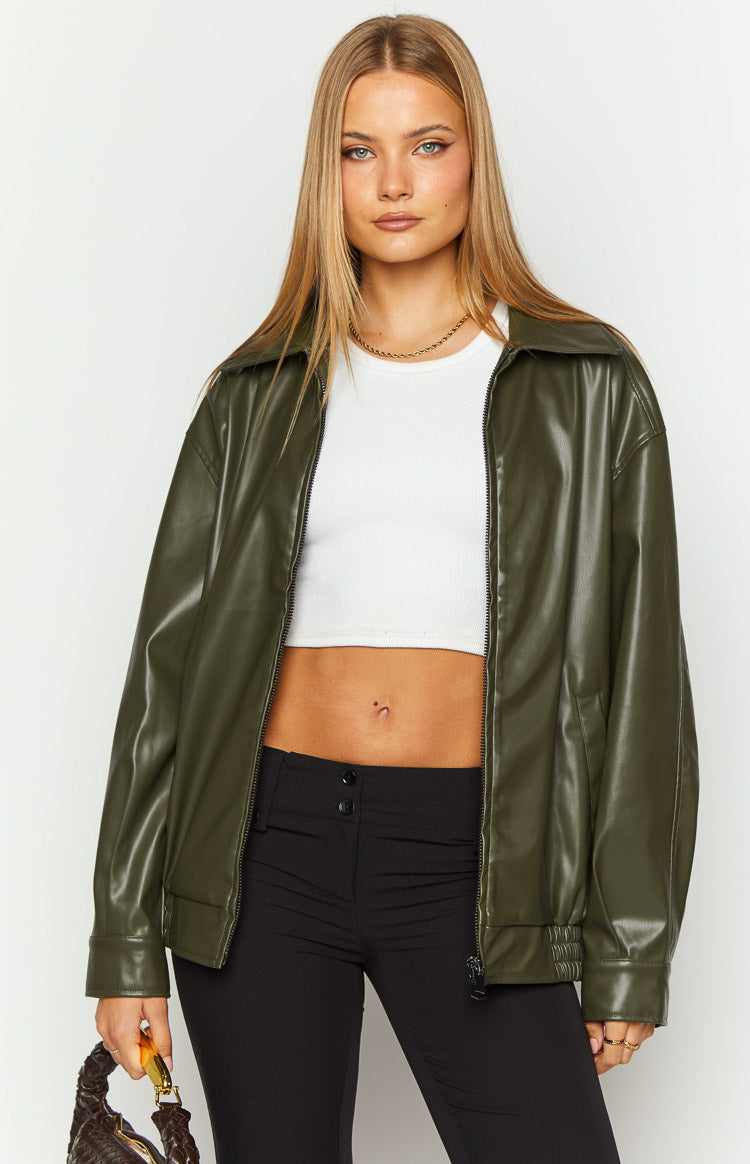 Olive green PU bomber jacket with a wide pointed collar, open zipper, and relaxed fit