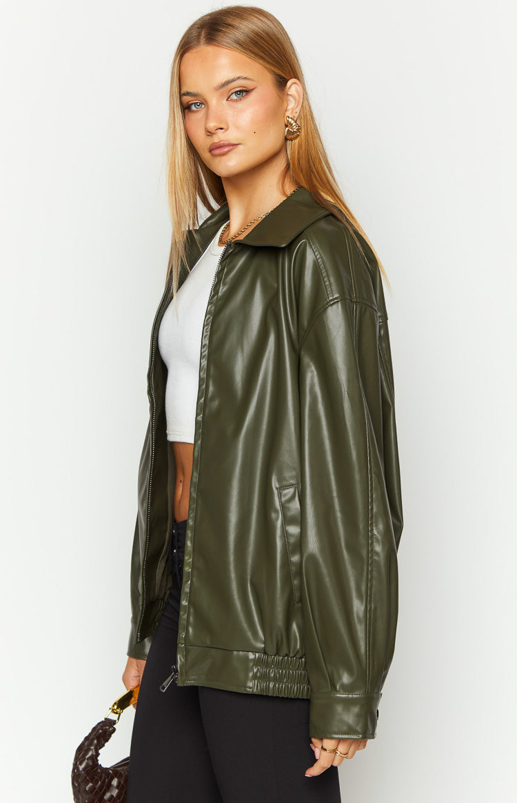 Side view of an olive green PU bomber jacket with an open front and ribbed hem