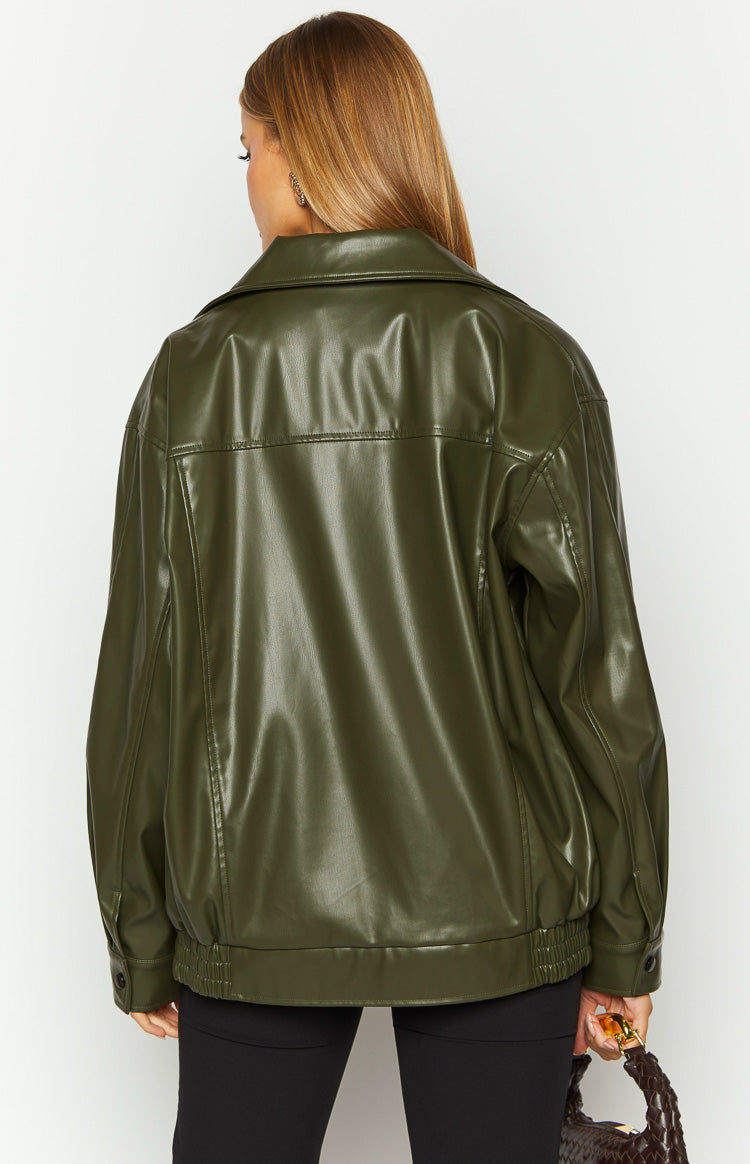 Rear view of an olive green PU bomber jacket with a collared neckline and ribbed hem