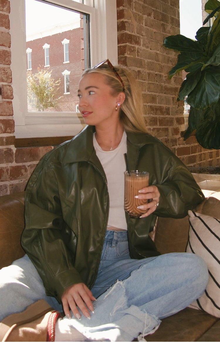 Beginning Boutique Abbi PU Olive Bomber Jacket olive PU oversized bomber jacket with wide collar zip front and elasticated hem