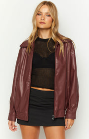 Red PU bomber jacket with a wide collar, full zip, and elasticated hem