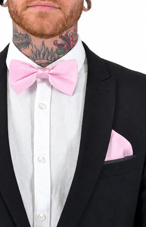 Beginning Boutique Abel Pink Bow Tie And Pocket Square Set pink satin pre-tied bow tie and matching pocket square