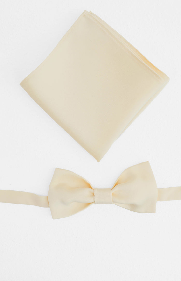 Beginning Boutique Abel Yellow Bow Tie And Pocket Square Set pale yellow pre-tied bow tie and folded pocket square