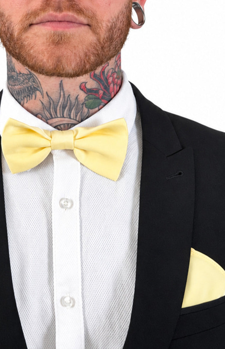 Beginning Boutique Abel Yellow Bow Tie And Pocket Square Set yellow pre-tied bow tie and matching pocket square