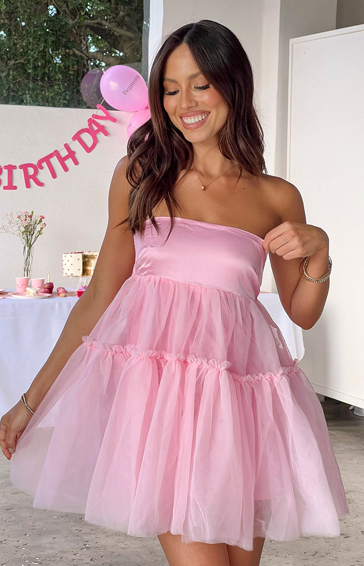 Beginning Boutique Abigail Pink Strapless Mini Dress pink strapless mini dress with a satin bodice and tiered tulle skirt