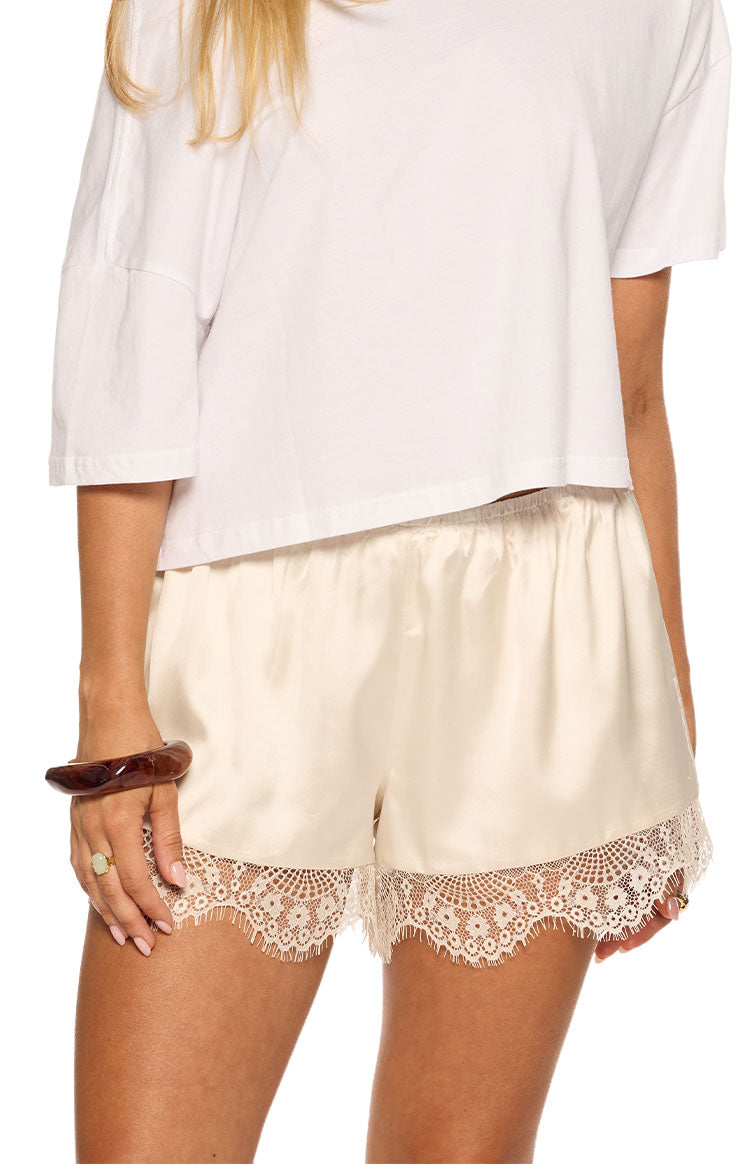 Beginning Boutique Agnes Cream Satin Lace Shorts — cream satin shorts with an elasticated waist and delicate lace trim